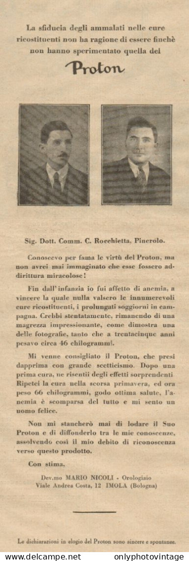 PROTON - Mario Nicoli - Imola - Pubblicità Del 1930 - Old Advertising - Publicités