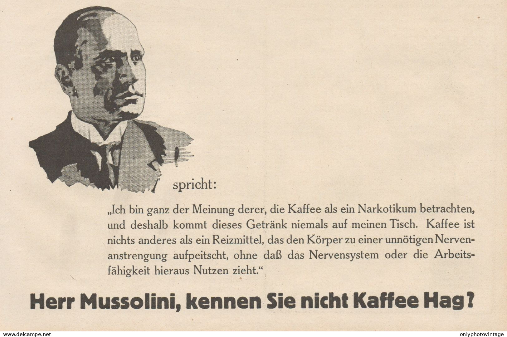 Mussolini - Caffè HAG - Pubblicità D'epoca - 1927 Old Advertising - Publicités