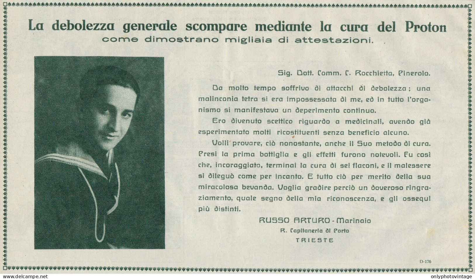 PROTON - Marinaio Russo Arturo - Trieste - Pubblicità D'epoca - 1927 Ad - Publicités