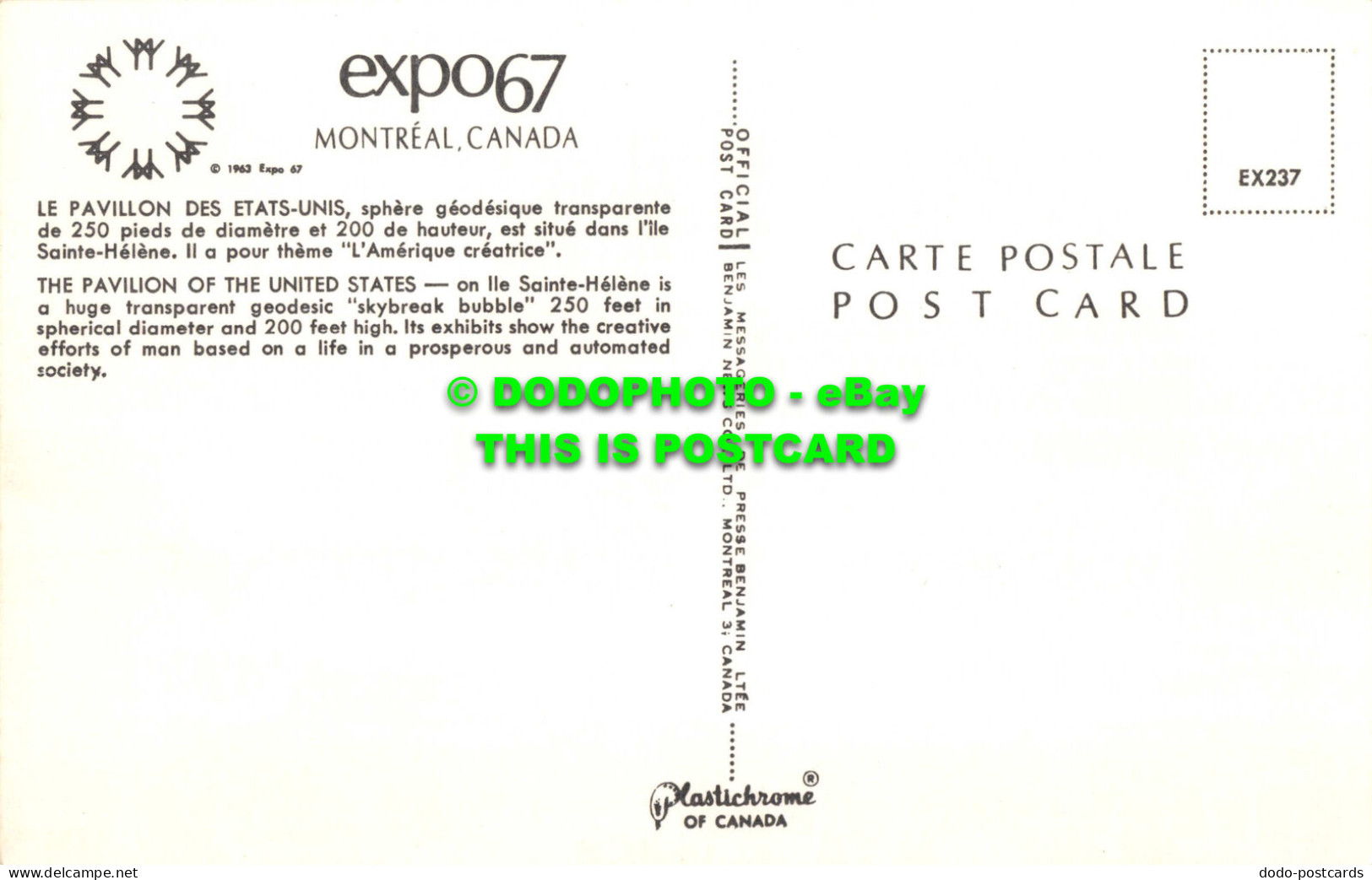 R552016 Expo 67. Montreal. Canada. Pavilion Of United States. 1963. Plastichrome - Monde