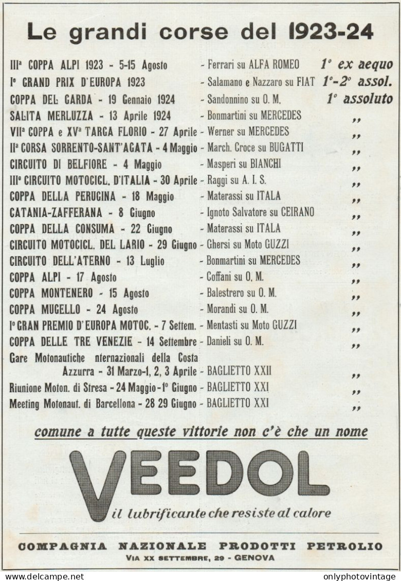 VEEDOL Vince Nelle Grandi Corse - Pubblicità Grande Formato - 1924 Old Ad - Werbung