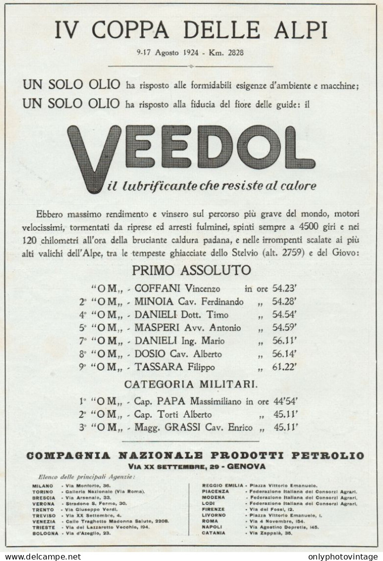VEEDOL - IV Coppa Delle Alpi - Pubblicità Grande Formato - 1924 Old Advert - Publicités