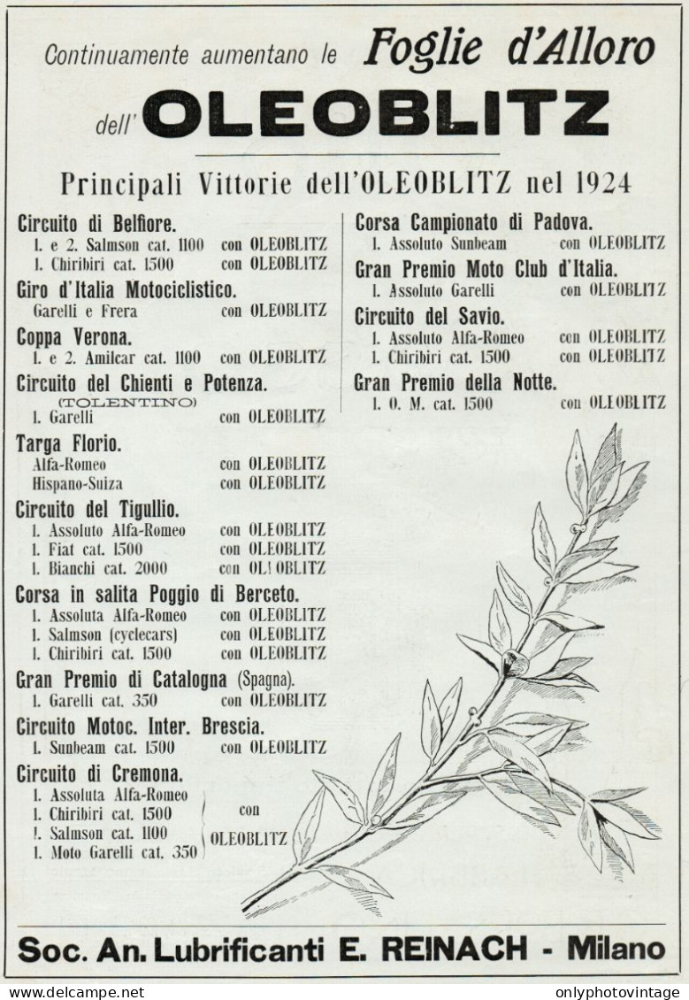 OLEOBLITZ - Principali Vittorie - Pubblicità Grande Formato - 1924 Old Ad - Werbung