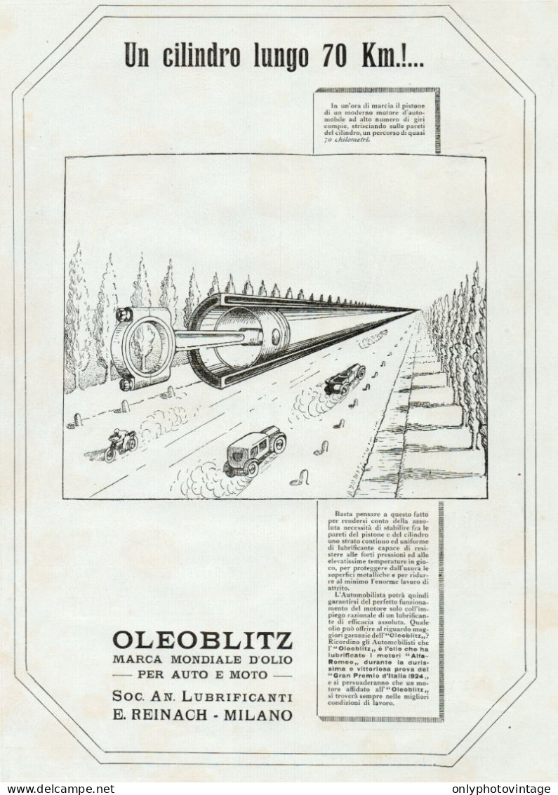 OLEOBLITZ - Un Cilindro Lungo 70 Km - Pubblicità Grande Formato - 1924 Ad - Publicidad