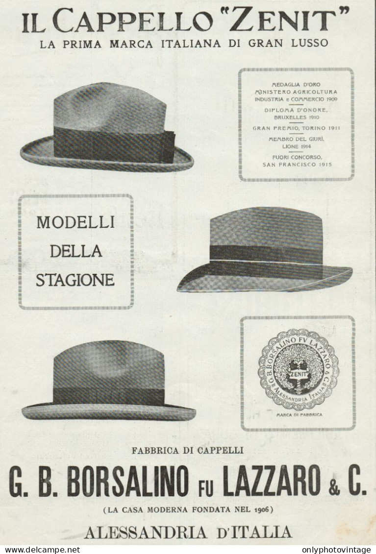 Cappello Zenit - BORSALINO - Pubblicità Grande Formato - 1924 Old Advert - Werbung