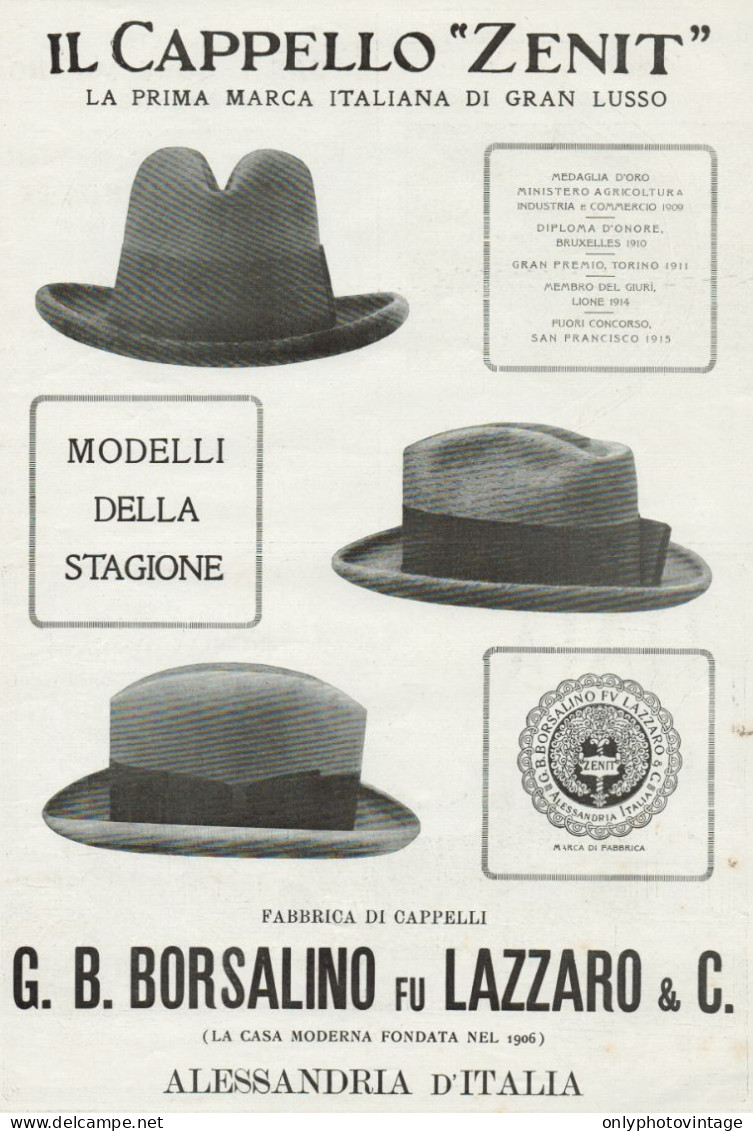 Cappello Zenit - BORSALINO - Pubblicità Grande Formato - 1924 Old Advert - Publicités