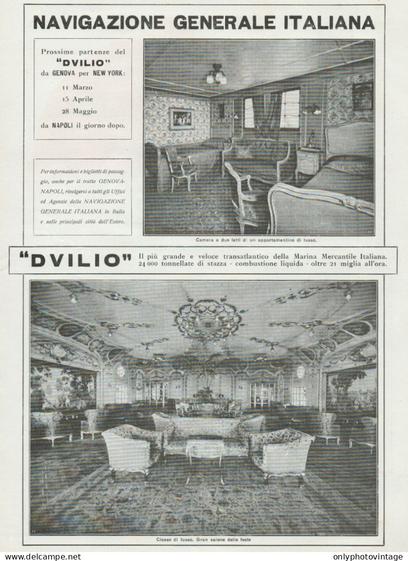 Transatlantico DUILIO - Vedute Camera E Salone - Pubblicità - 1924 Old Ad - Publicités
