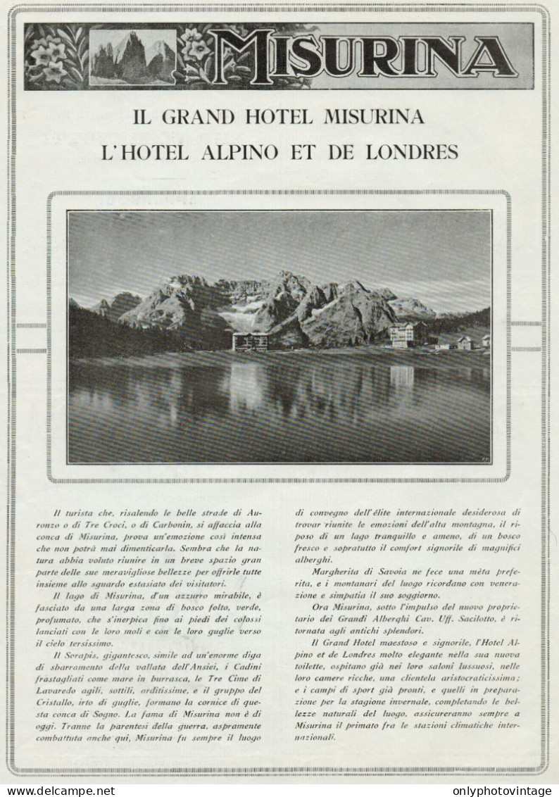 Il Grand Hotel MISURINA - Pubblicità Grande Formato - 1924 Old Advertising - Publicidad