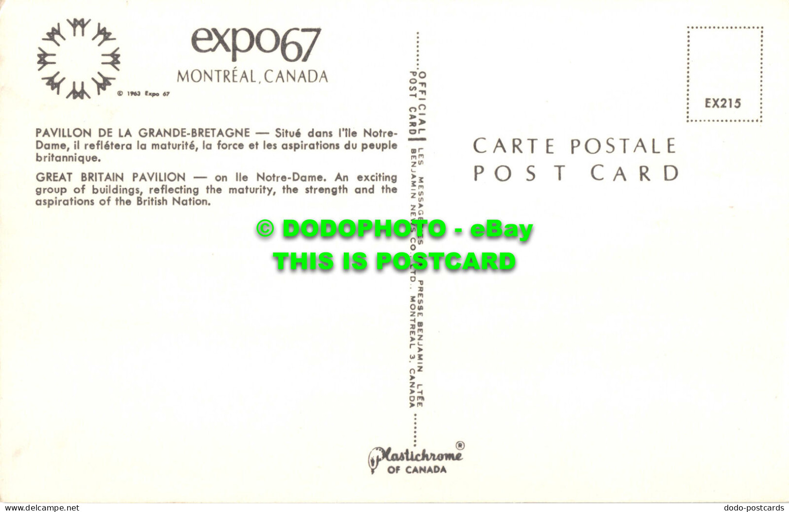 R552018 Expo 67. Montreal. Canada. 1963. Plastichrome. Benjamin News. Great Brit - World