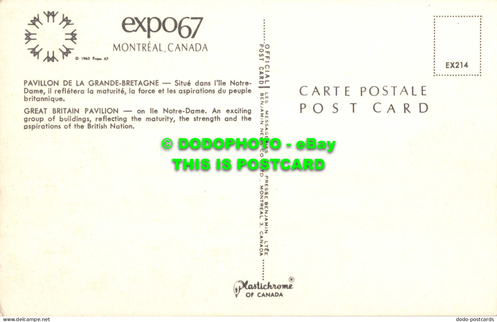 R552019 Expo 67. Montreal. Canada. 1963. Plastichrome. Benjamin News. Great Brit - Monde