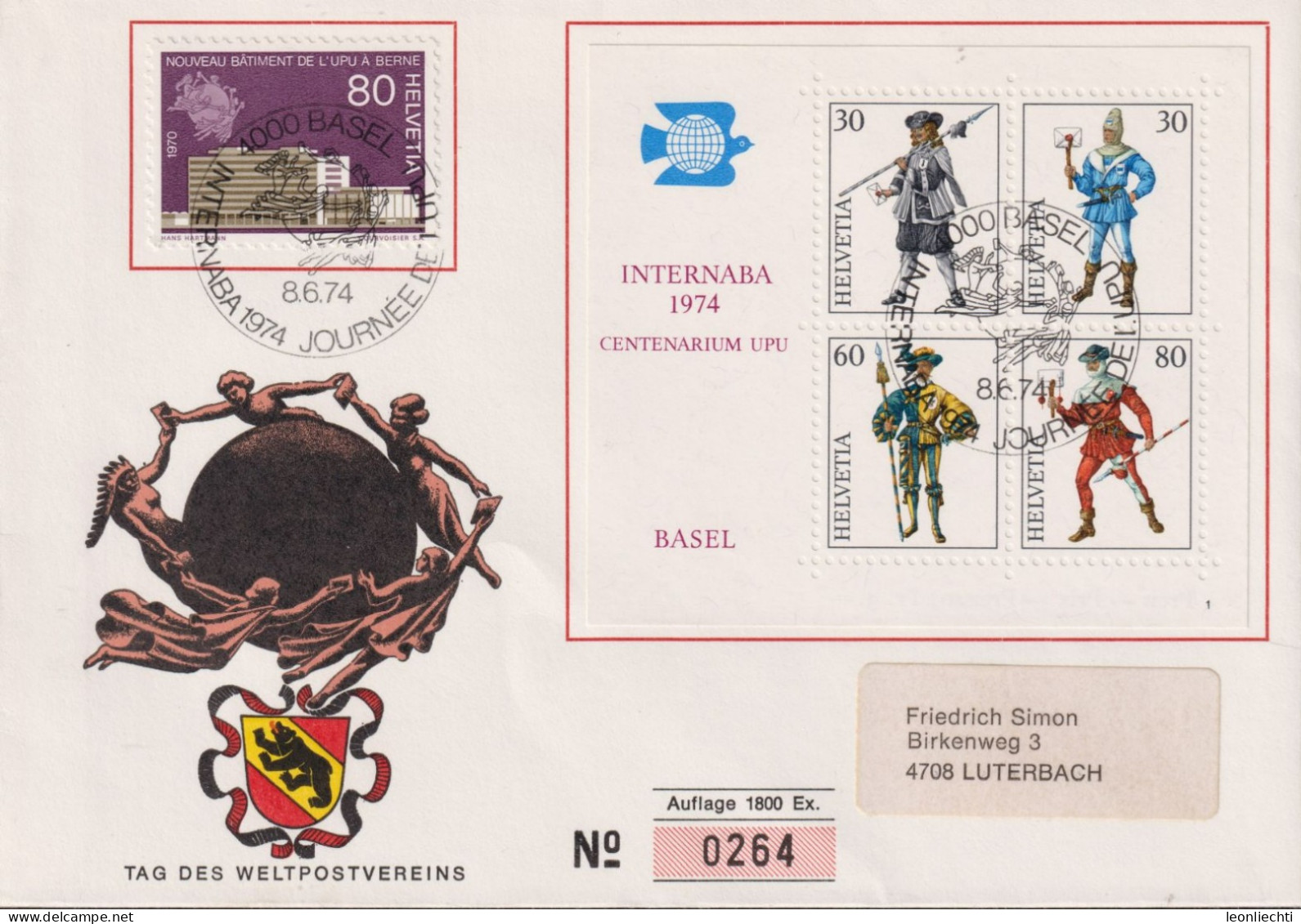 1974 Tag Des Weltpostvereins, Internaba 74 Basel, Zum:CH 480+W50, Mi:CH 922+Bl.22, N°. 0264 - UPU (Universal Postal Union)