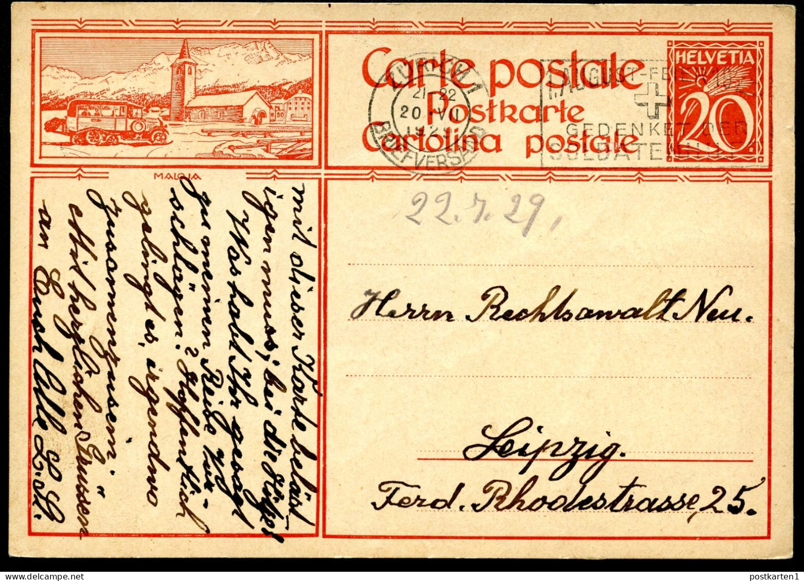 Bild-Postkarte P128-18 MALOJA Zürich - Leipzig 1929 - Interi Postali