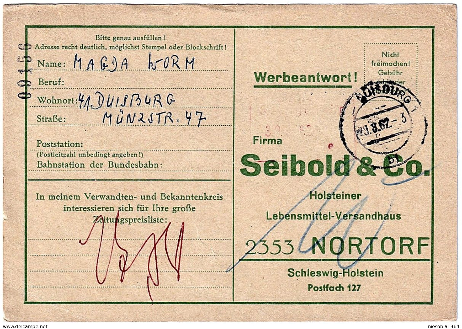 Company Postcard Nortorf Seibold & Co. Bees Honey Beekeeping Pharmacy Seal Duisburg 29.8.1962 - Autres & Non Classés