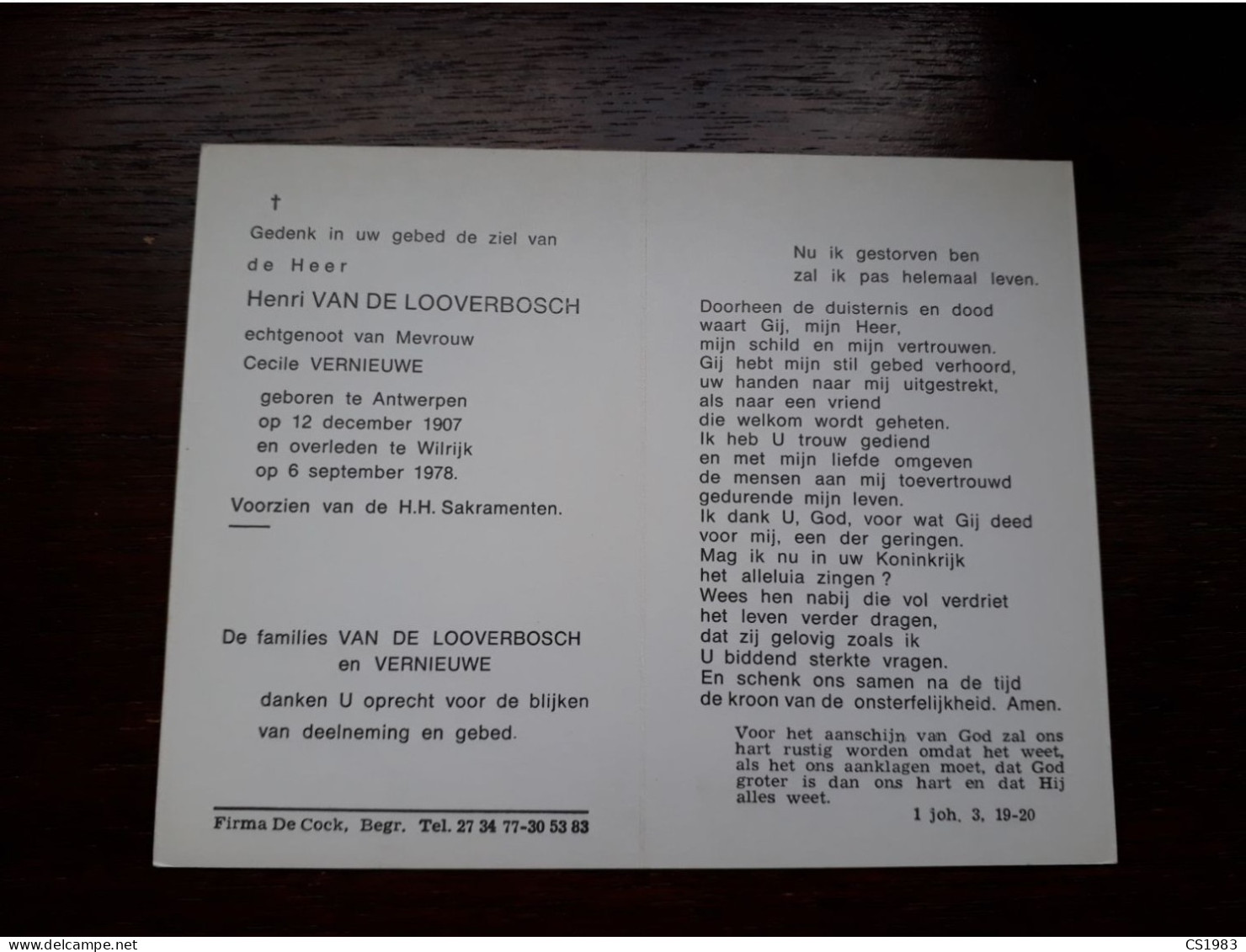 Henri Van De Looverbosch ° Antwerpen 1907 + Wilrijk 1978 X Cecile Vernieuwe - Todesanzeige