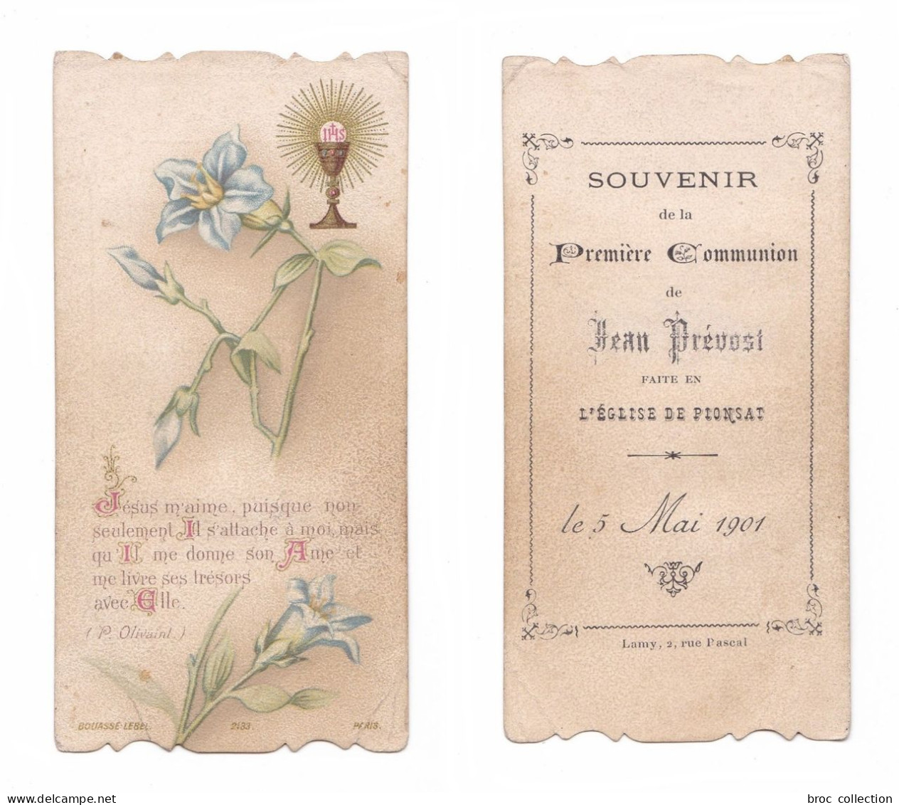 Pionsat, 1re Communion De Jean Prévost, 1901, Citation P. Olivaint, éd. Bouasse-jeune N° 2133 - Devotieprenten