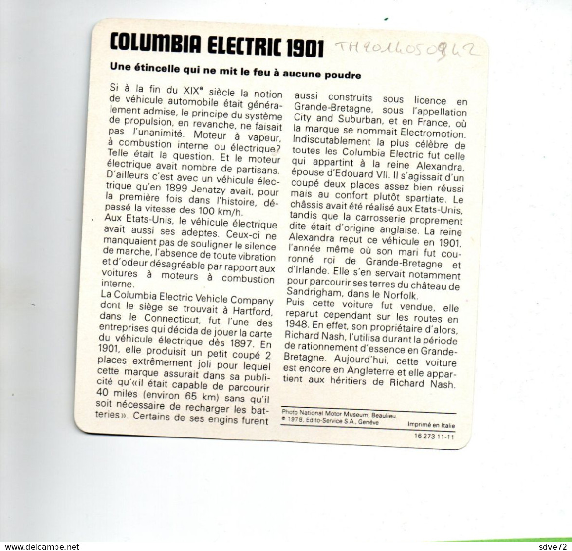 FICHE AUTOMOBILE - COLUMBIA ELECTRIC 1901 - Coches