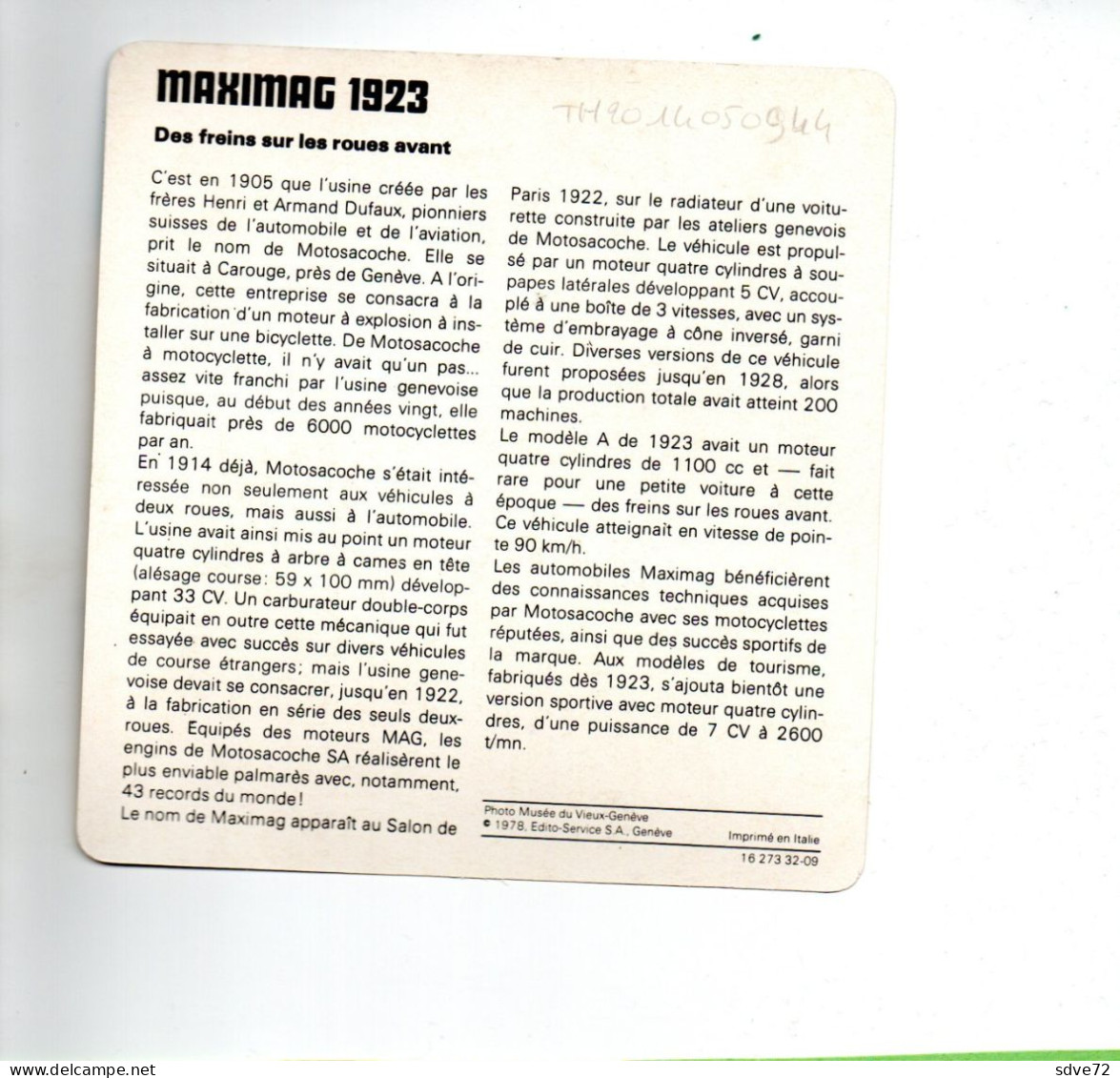 FICHE AUTOMOBILE - MAXIMAG 1923 - Cars