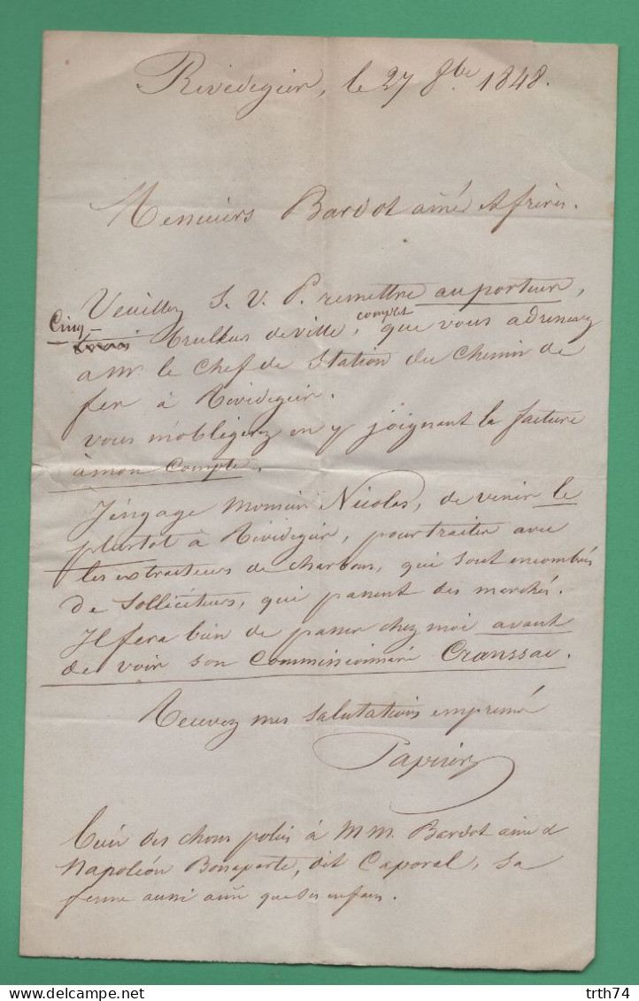 42 Rives De Gier Compagnie Du Gaz ( Napoléon Bonaparte Caporal Cité Dans La Lettre ) à Destination De Lyon 1848 - 1800 – 1899