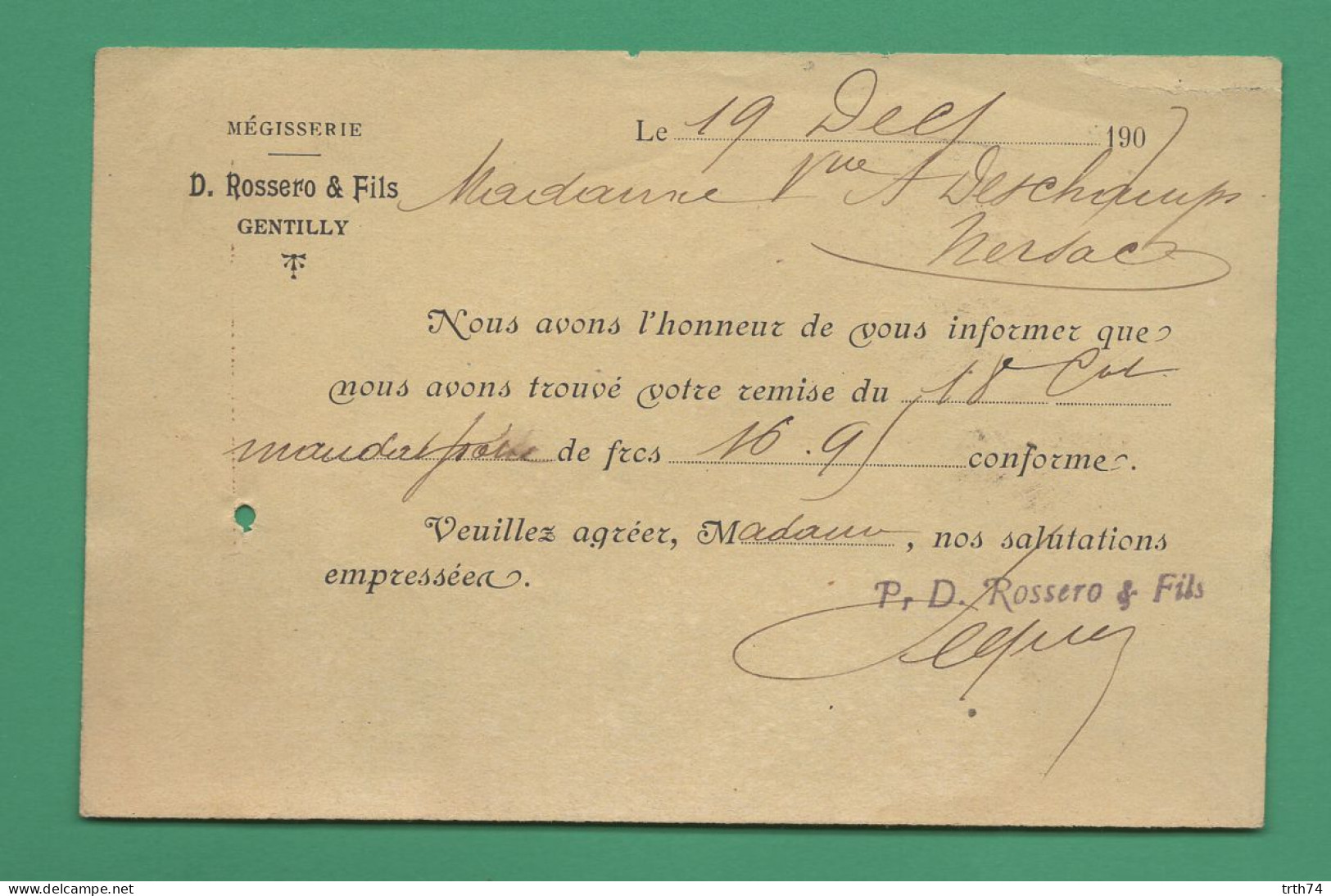 94 Gentilly Rossero Et Fils Mégisserie 19 Décembre 1907 - Old Professions