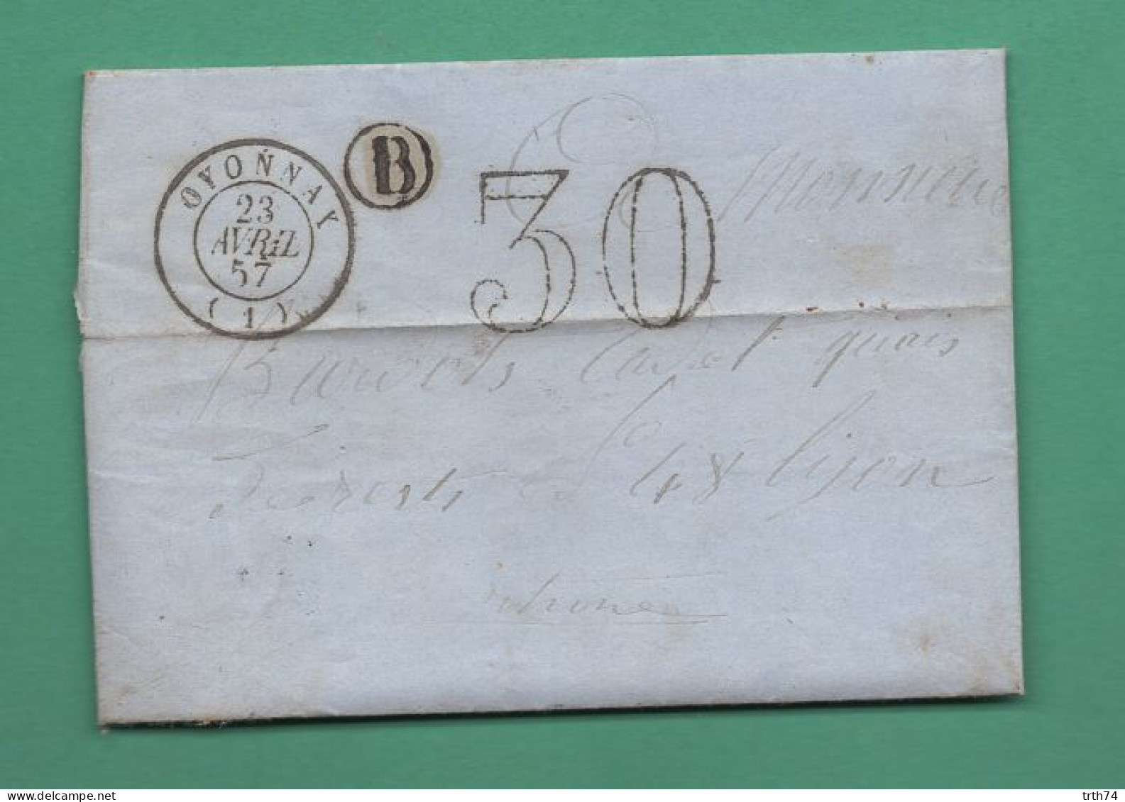 01 Oyonnax 23 Avril 1857 Lettre à Destination De Lyon Taxe 30    B Dans Un Cercle - 1849-1876: Période Classique