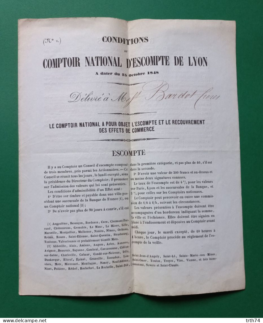 Comptoir National D' Escompte De Lyon Conditions Et Tarifs Du 15 Octobre 1848 - 1800 – 1899