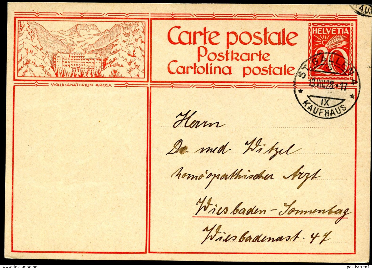 Bild-Postkarte P128-24 WALDSANATORIUM AROSA St.Gallen - Wiesbaden 1928 - Stamped Stationery