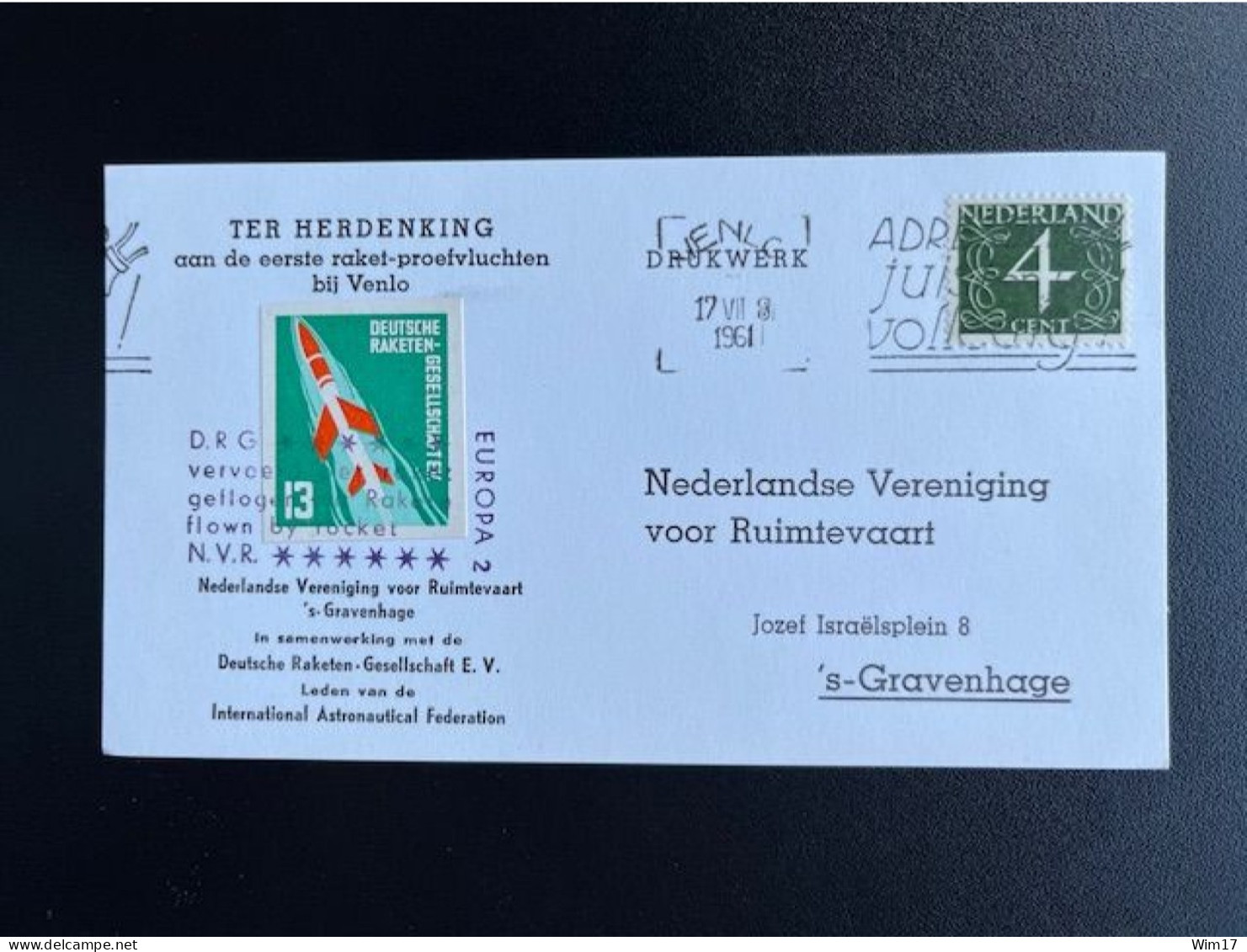 NETHERLANDS 1961 SPECIAL CARD COMM. FIRST ROCKET TEST FLIGHTS NEAR VENLO 17-07-1961 NEDERLAND ROCKETMAIL RAKETENPOST - Cartas & Documentos