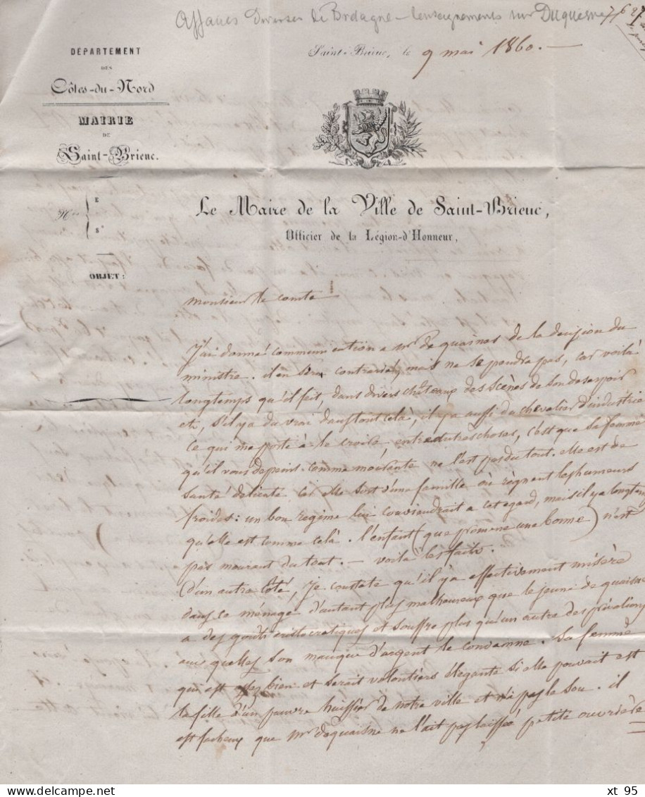 St Brieuc - 21 - Cotes Du Nord - 1860 - Longue Correspondance A En Tete De La Mairie Adressee Au Comte De Champagny - 1849-1876: Période Classique