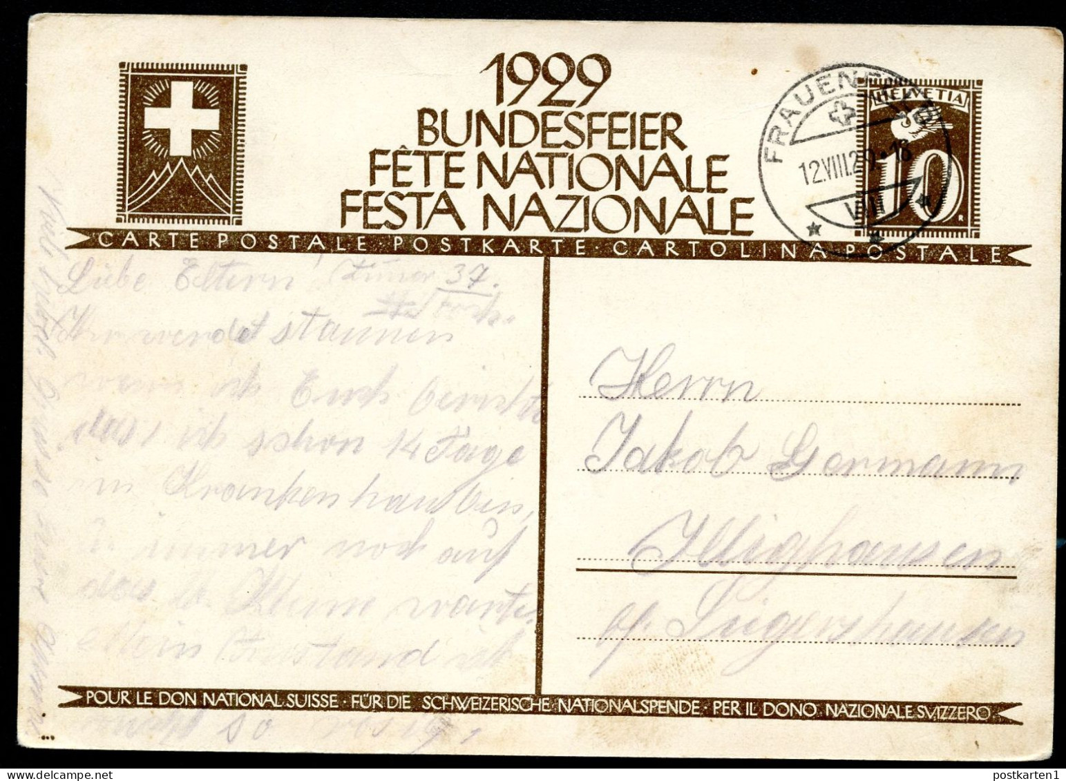 Postkarte P133-01 BUNDESFEIER Frauenfeld - Illighausen 1929 - Postwaardestukken