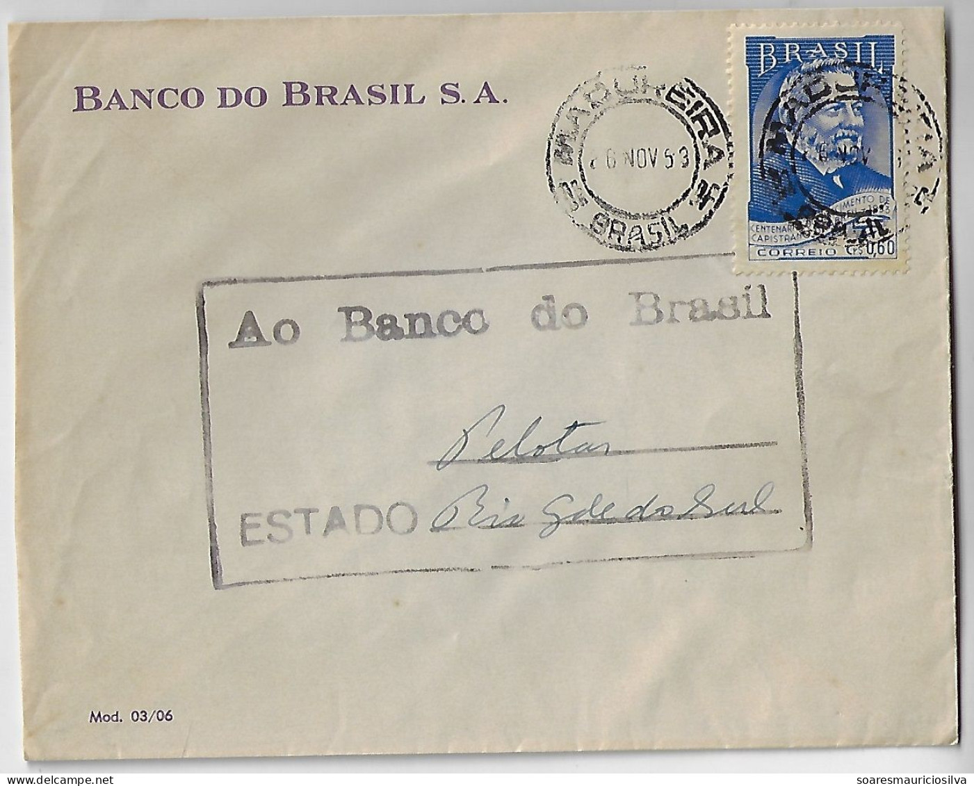 1953 Bank Of Brazil Cover Sent From Rio De Janeiro Agency Madureira To Pelotas Stamp Birth Centenary Capistrano De Abreu - Brieven En Documenten