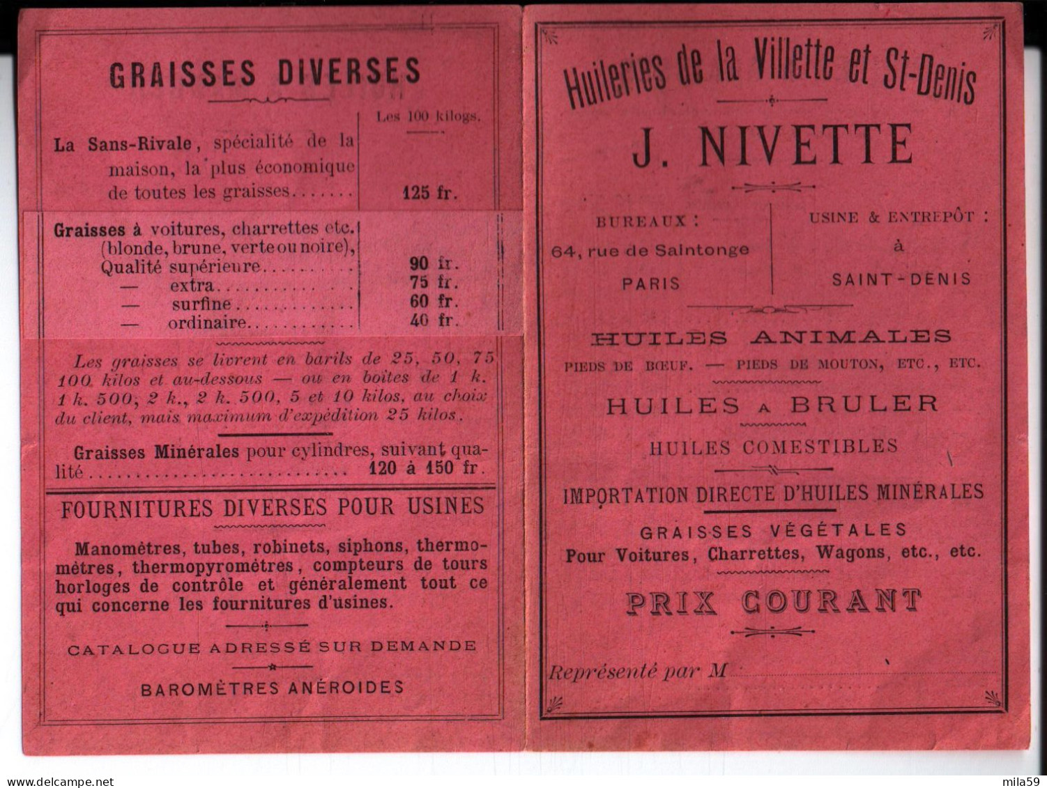 Huilerie De La Villette Et St Denis. J. Nivette. Paris, St Denis. Huiles Animales, à Bruler, Commestibles, Végétales. - Sonstige & Ohne Zuordnung