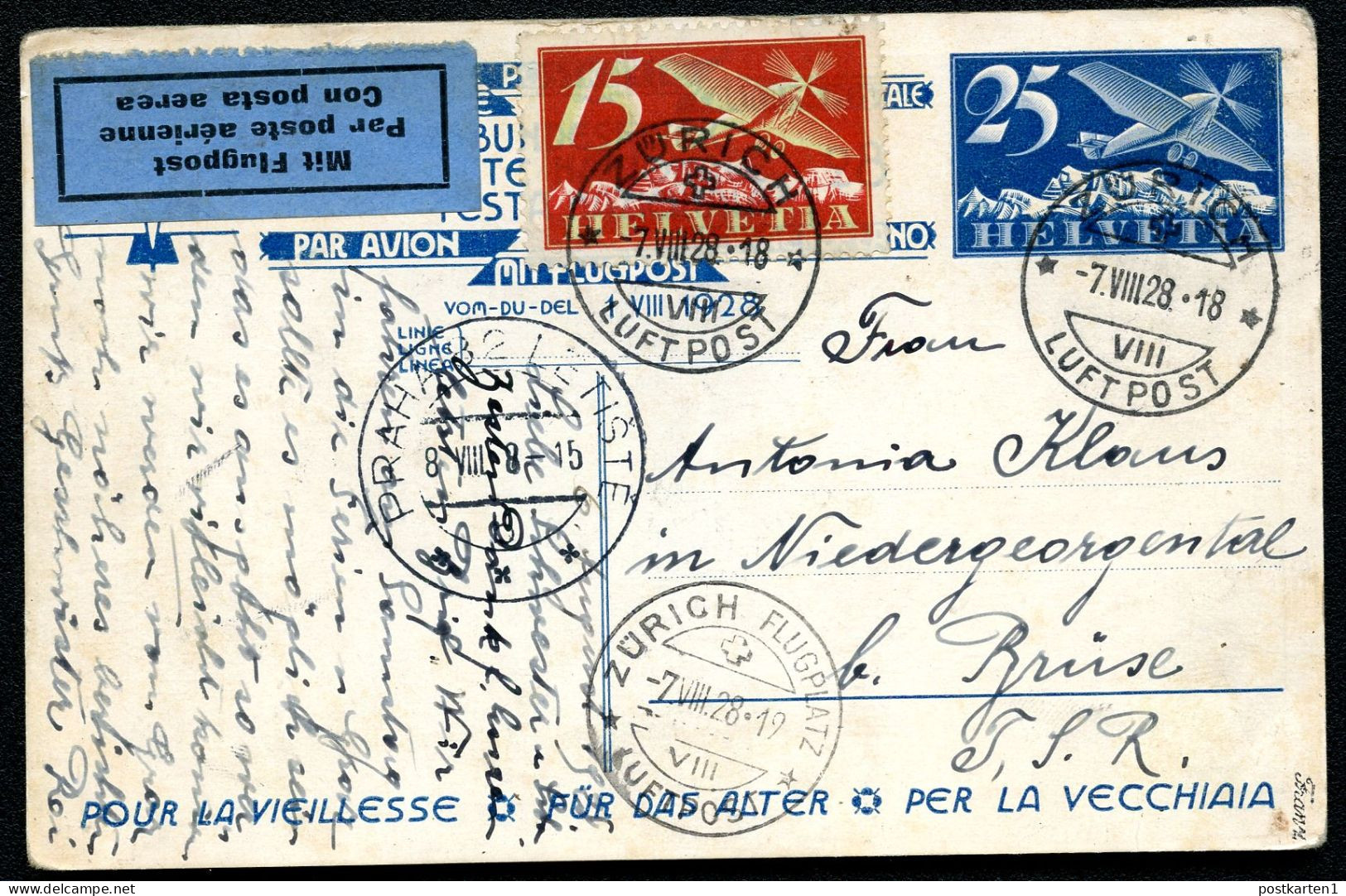 Postkarte P134-01 BUNDESFEIER Zürich - Brünn Brno Czechoslovakia LUFTPOST 1928 - Postwaardestukken