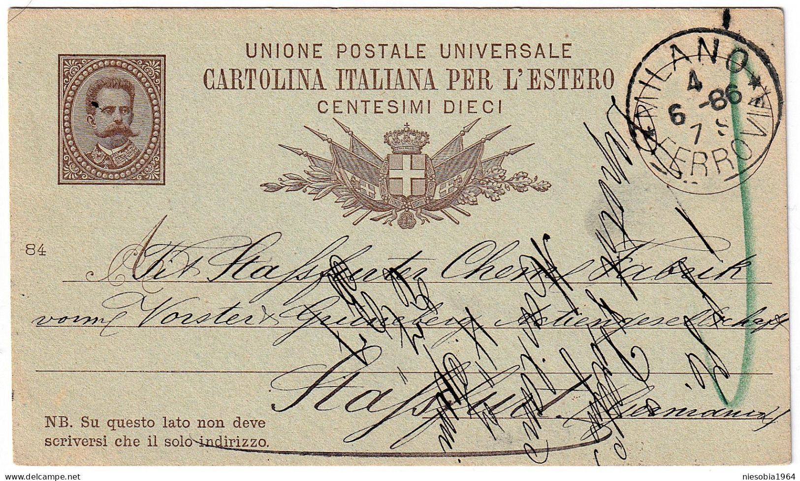 Vintage Postal Stationery XIX C.Italian Postcard / Cartolina Italiana Per L'estero Milano Ferrovia 04.06.1886 - Stamped Stationery
