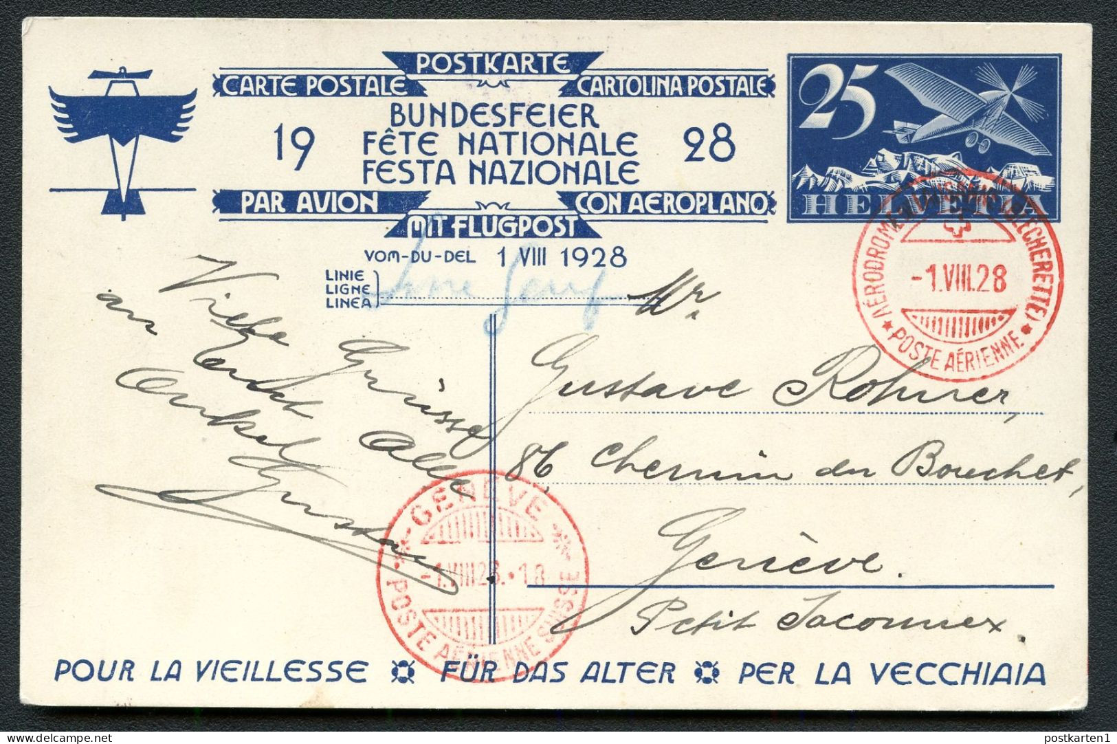Postkarte P134-02 BUNDESFEIER Genf 1928 Kat.50,00€ - Stamped Stationery