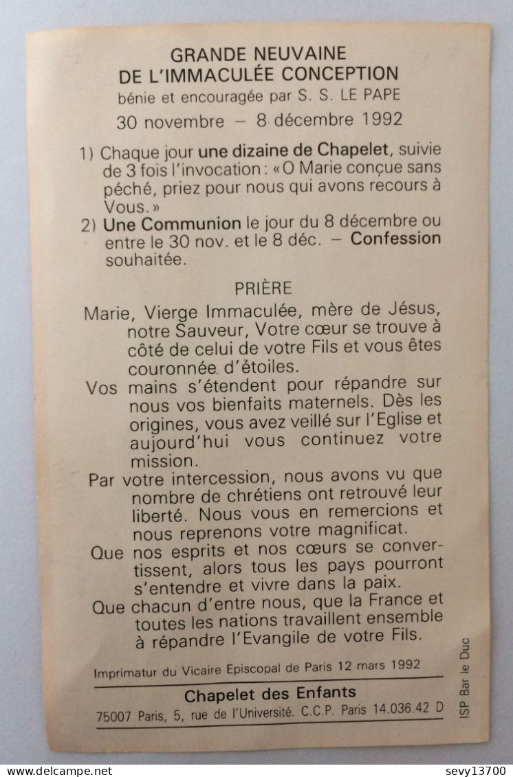 3 Images Pieuses Grande Neuvaine De L'Immaculée Conception Prière ND Des Lumière - Religión & Esoterismo