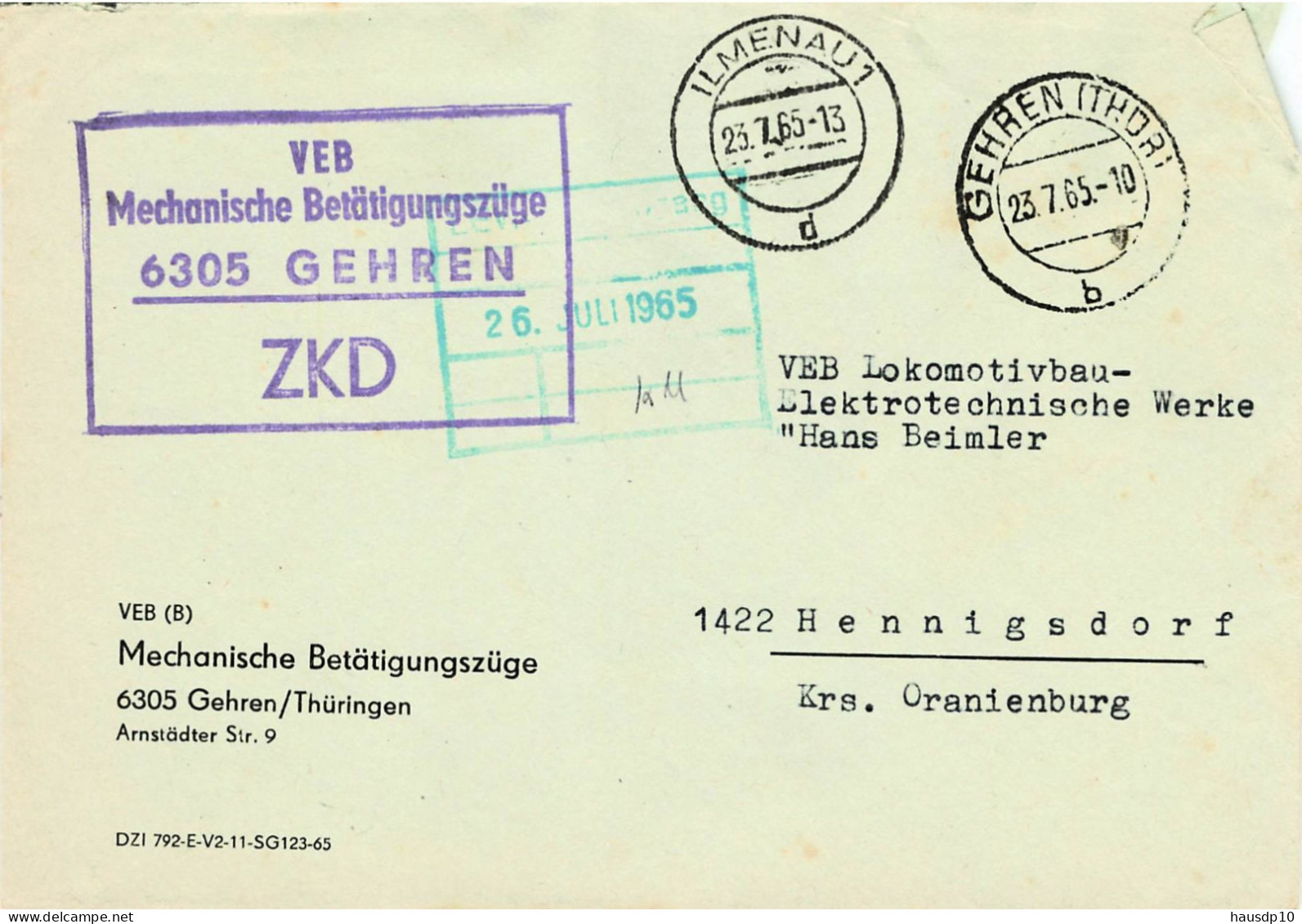 DDR Brief ZKD 1965 VEB Mechanische Betätigungszüge Gehren - Zentraler Kurierdienst