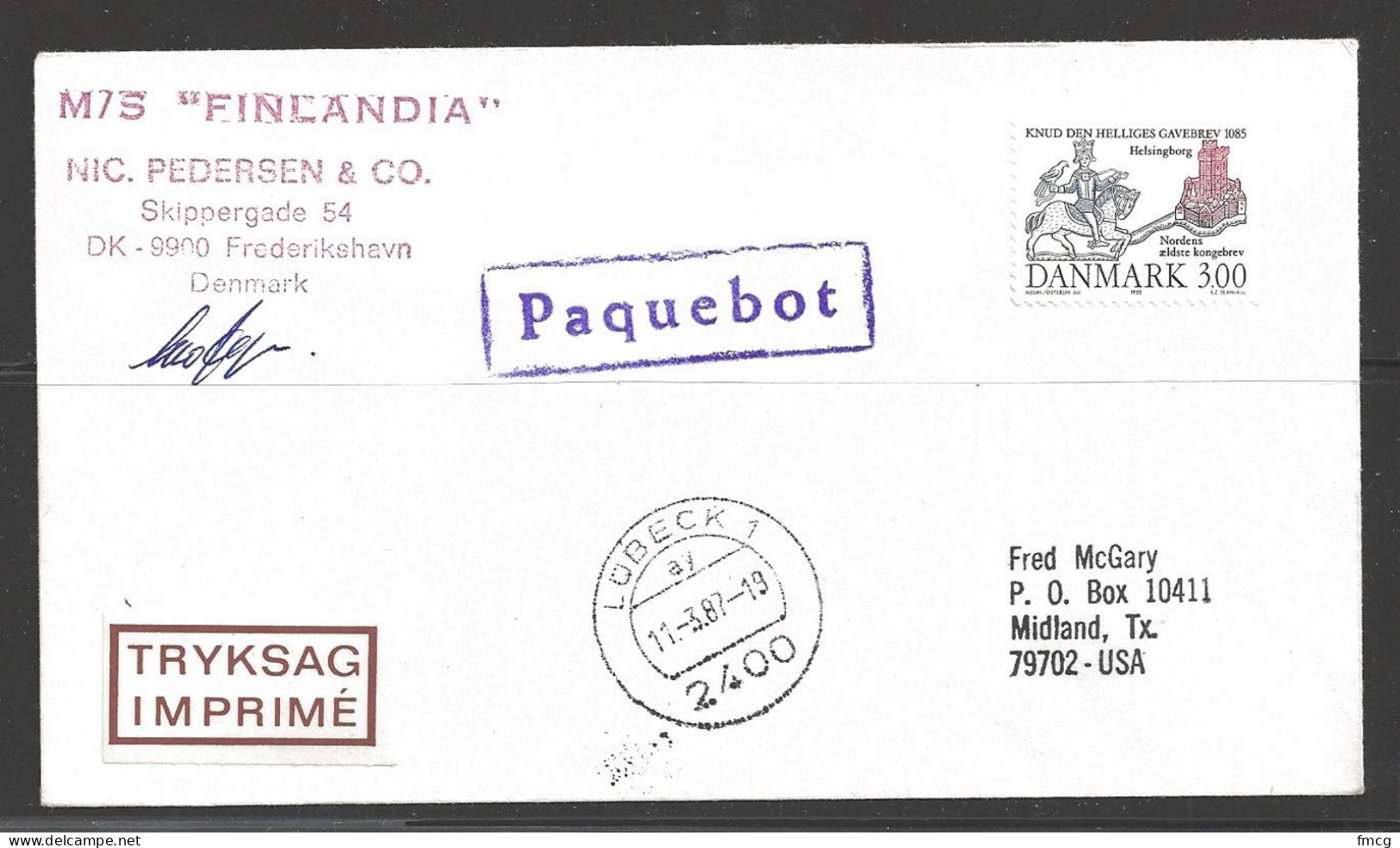 1987 Paquebot Cover,  Denmark Stamp Mailed In Lubeck, Germany - Lettres & Documents