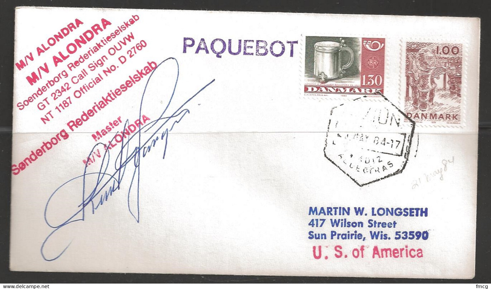 1984 Paquebot Cover,  Denmark Stamps Mailed In Cadiz, Spain - Lettres & Documents