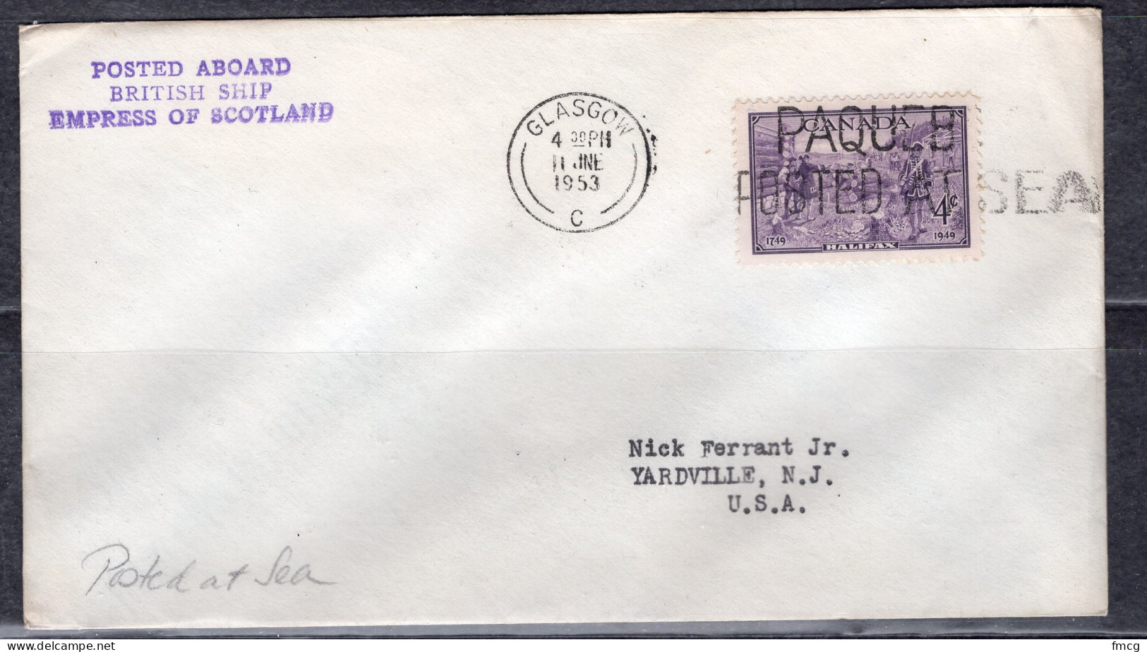 1953 Paquebot Cover, Canada Stamp Mailed In Glasgow Scotland UK - Covers & Documents