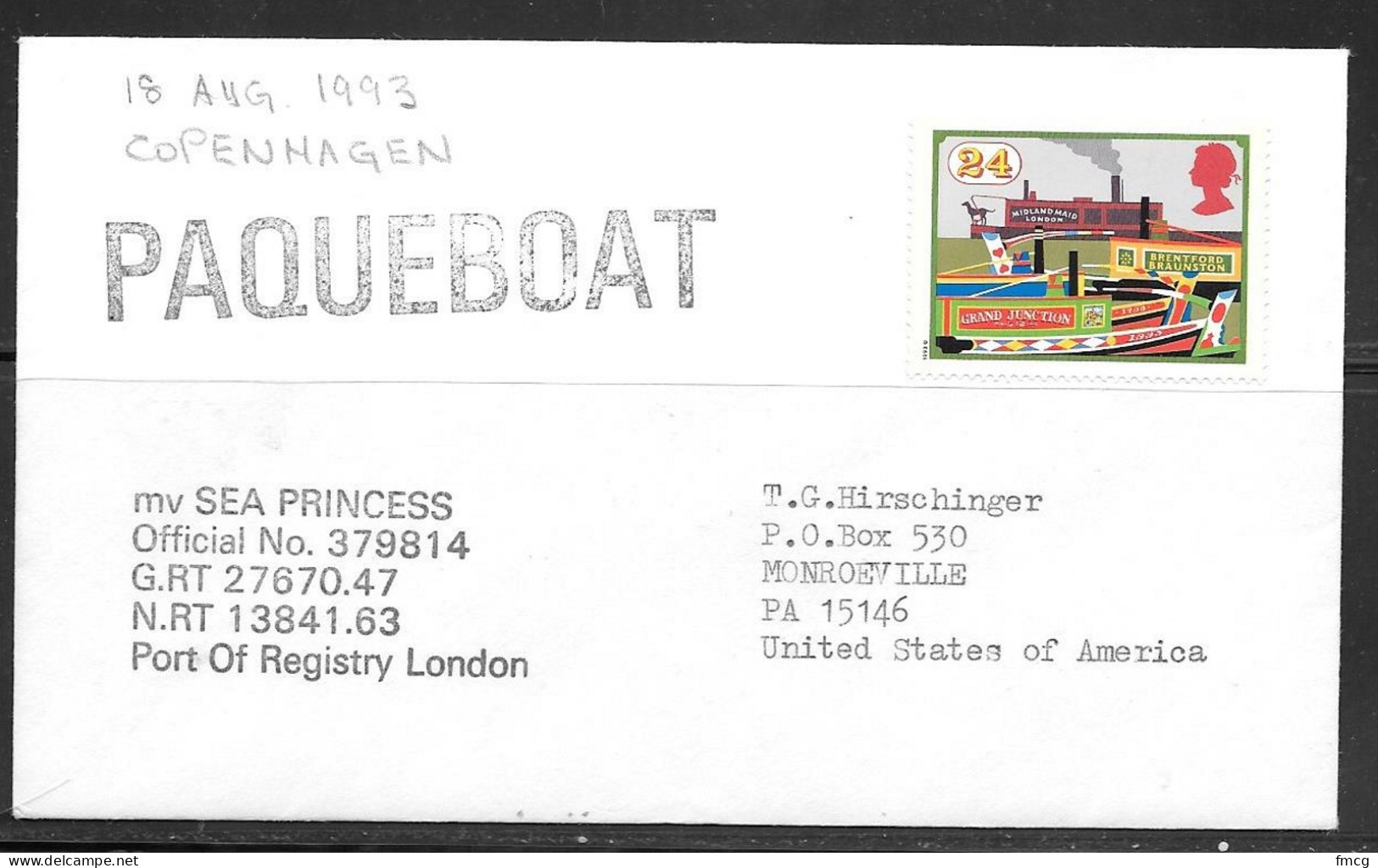1993 Paquebot Cover, British Stamps Mailed In Copenhagen, Denmark - Brieven En Documenten
