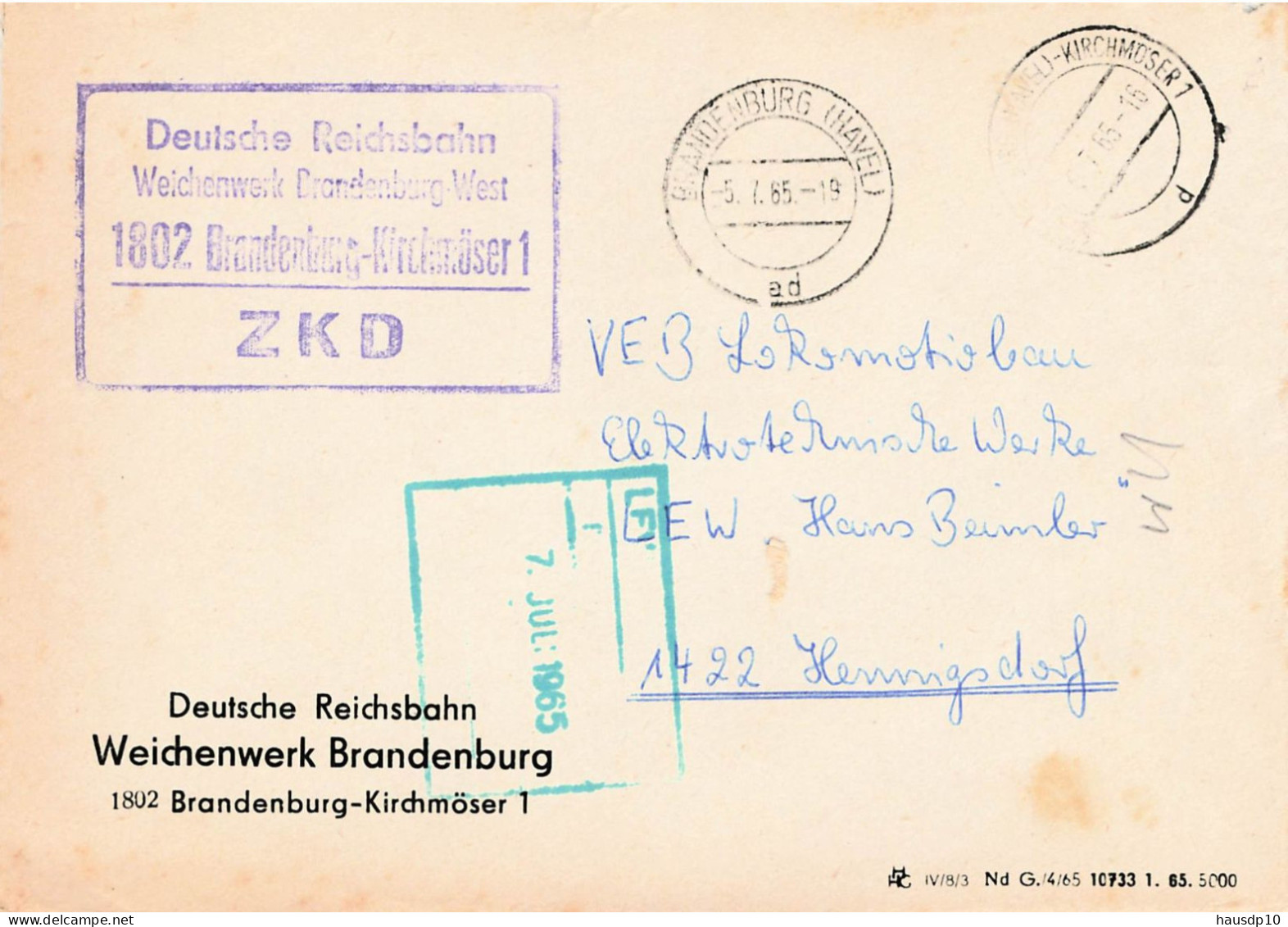 DDR Brief ZKD 1965 Deutsche Reichsbahn Weichenwerk Brandenburg West Kirchmöser - Servicio Central De Correos