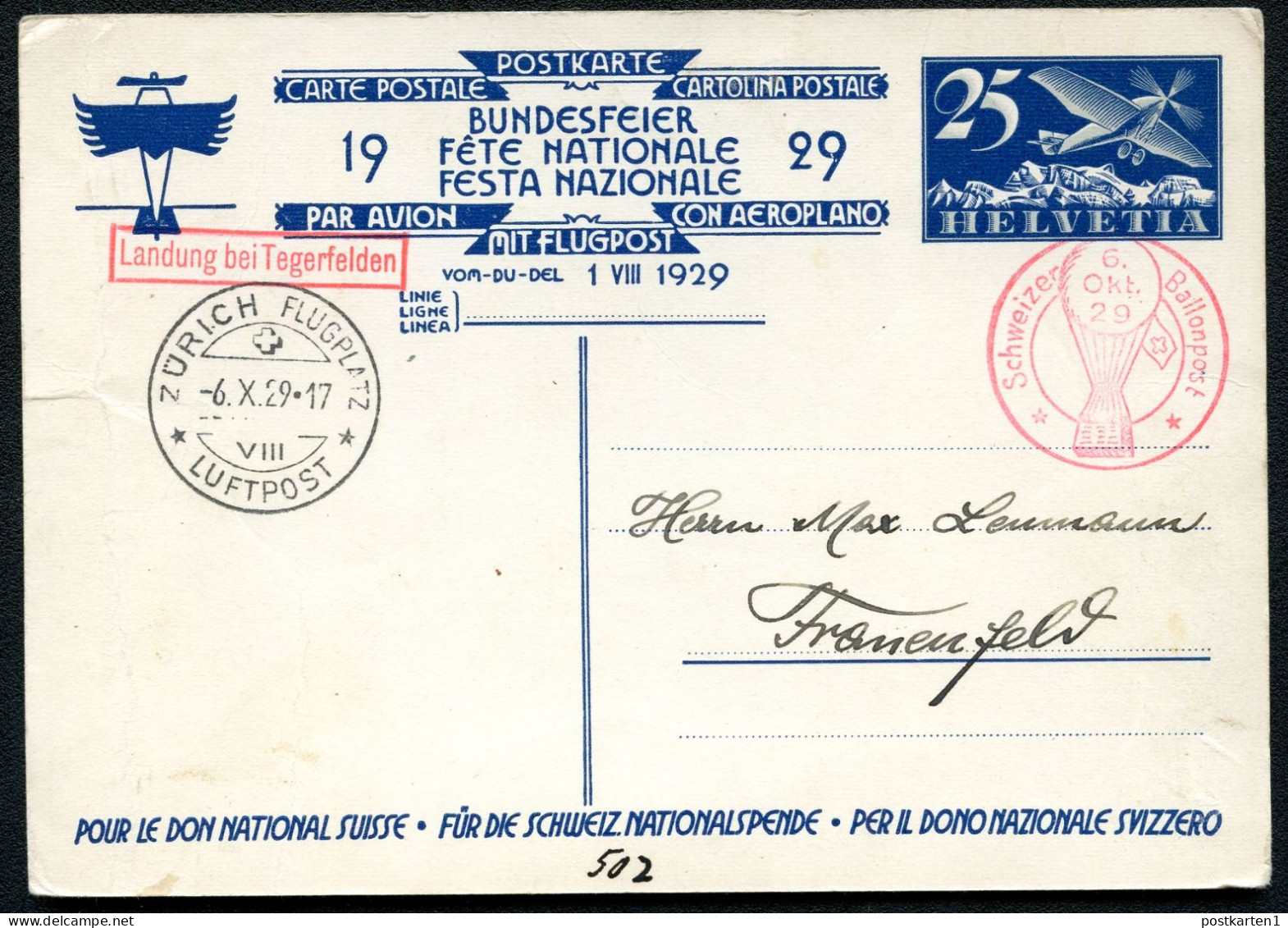 Postkarte P136-02 BUNDESFEIER Sost. BALLONPOST Zürich 1929 - Stamped Stationery