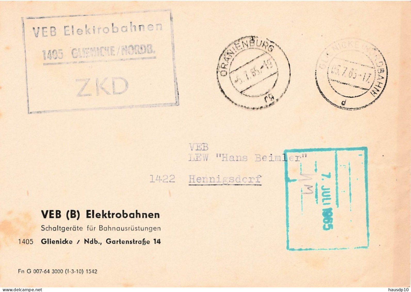 DDR Brief ZKD 1965 VEB Elektrobahnen Glienicke - Servicio Central De Correos