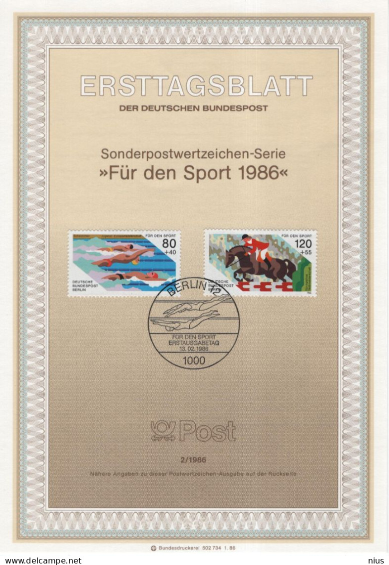 Germany Deutschland 1986-2 Fur Den Sport, Swimming, Horse Riding, Canceled In Berlin - 1981-1990