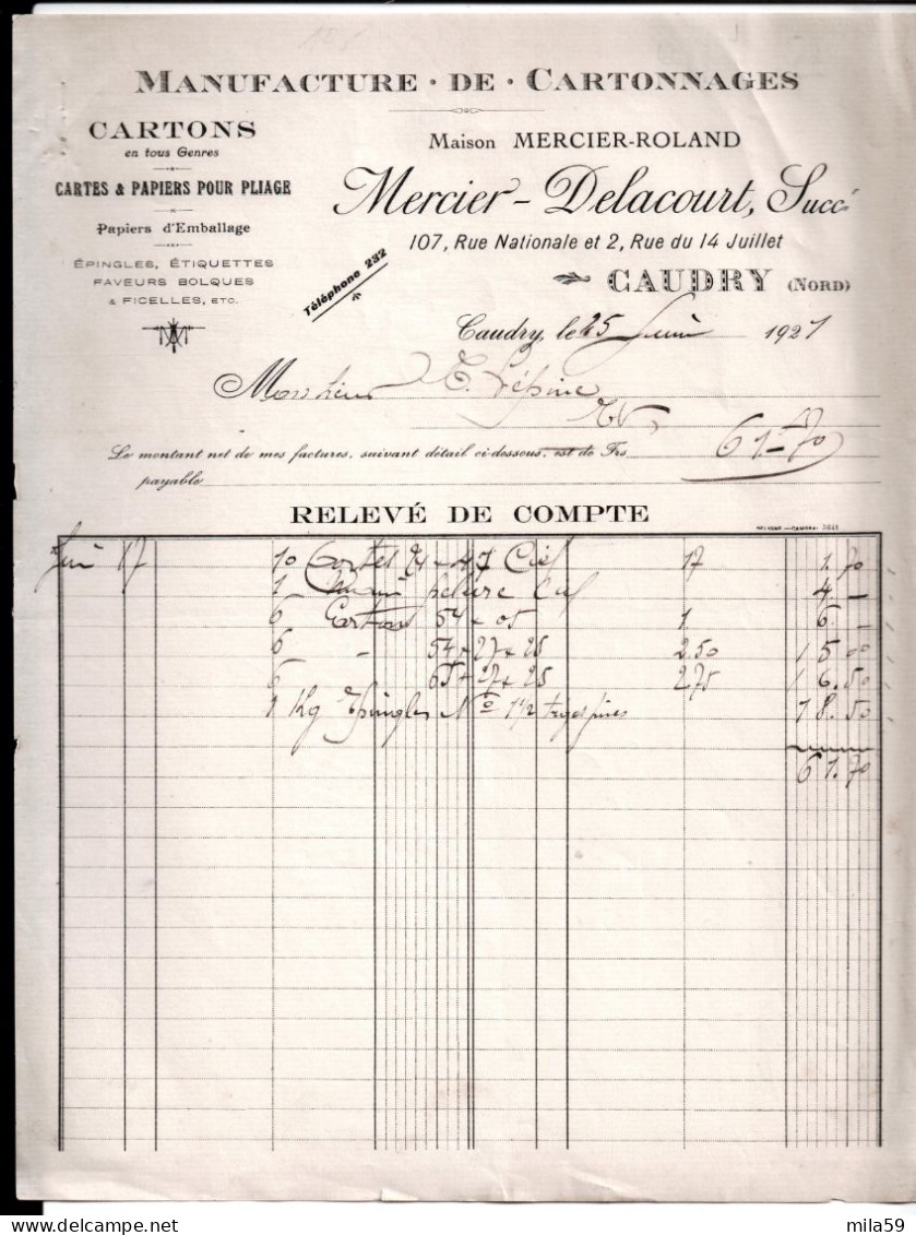Manufacture De Cartonnages. Maison Mercier Delacourt Succr. Caudry. à M. T. Lépine, 1921. - 1900 – 1949
