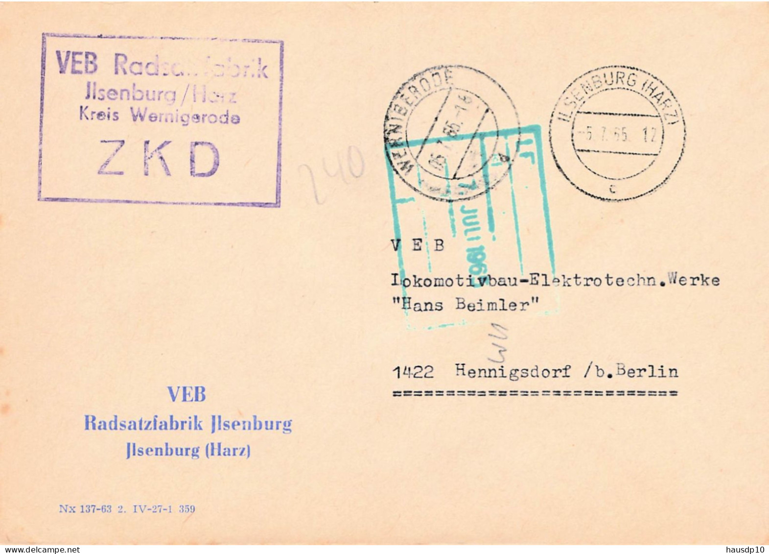 DDR Brief ZKD 1965 VEB Radsatzfabrik Ilsenburg - Servicio Central De Correos