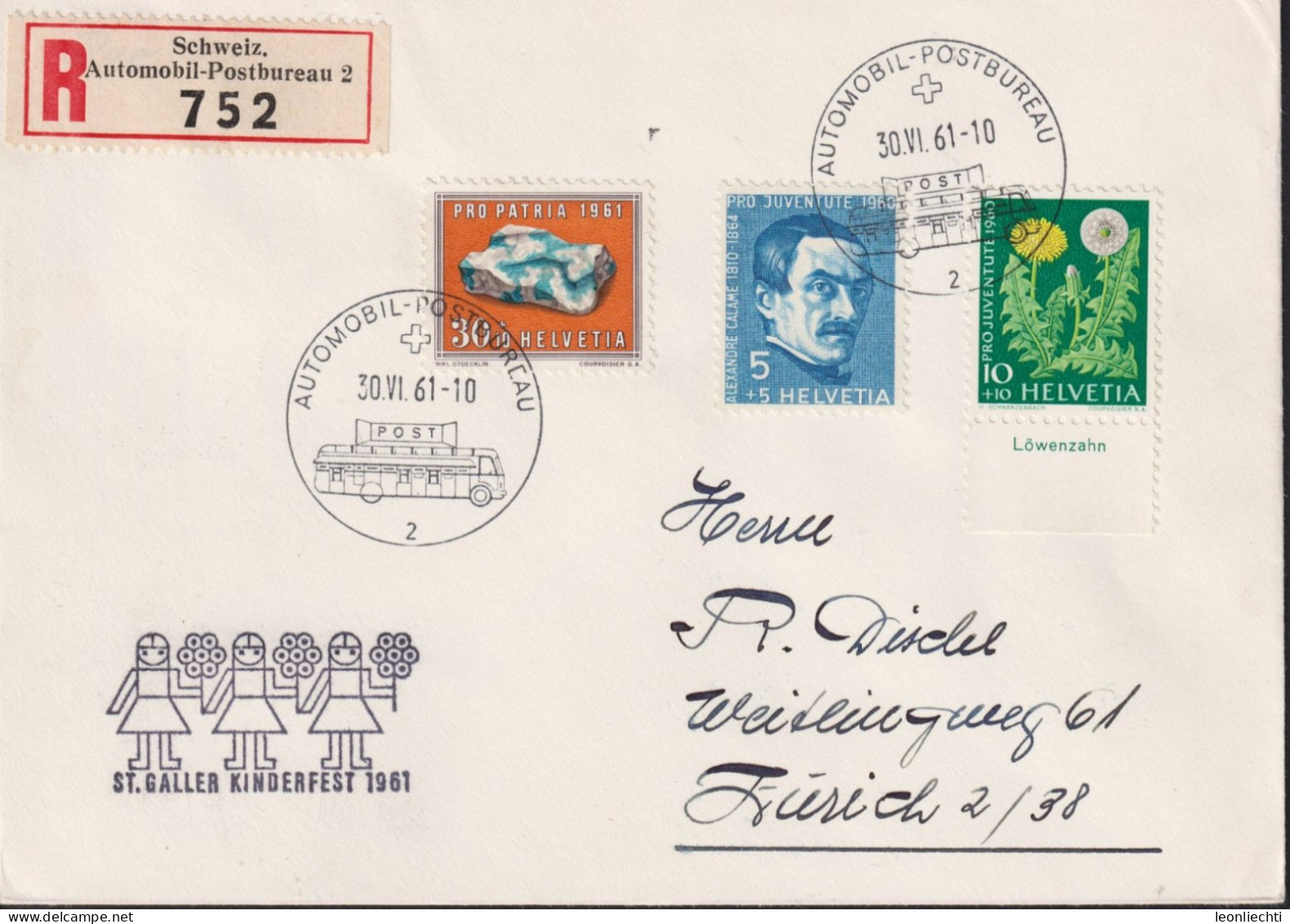 1961/60 R Brief, Mischfrankatur, Zum:CH B106+J183+J184, Mi:CH 734+722+723, St. Gallen Kinderfest - Cartas & Documentos