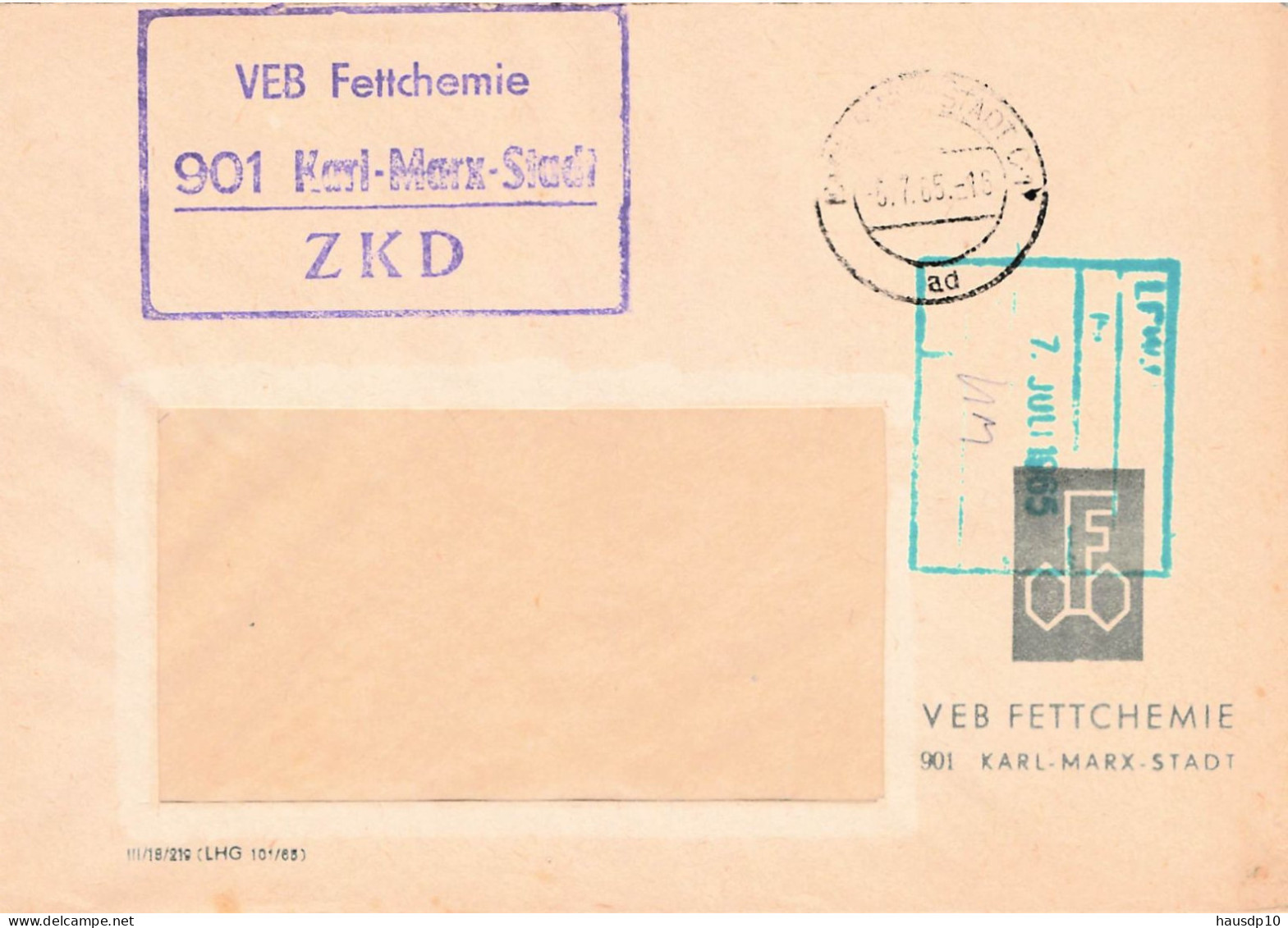 DDR Brief ZKD 1965 VEB Fettchemie Karl Marx Stadt - Servicio Central De Correos