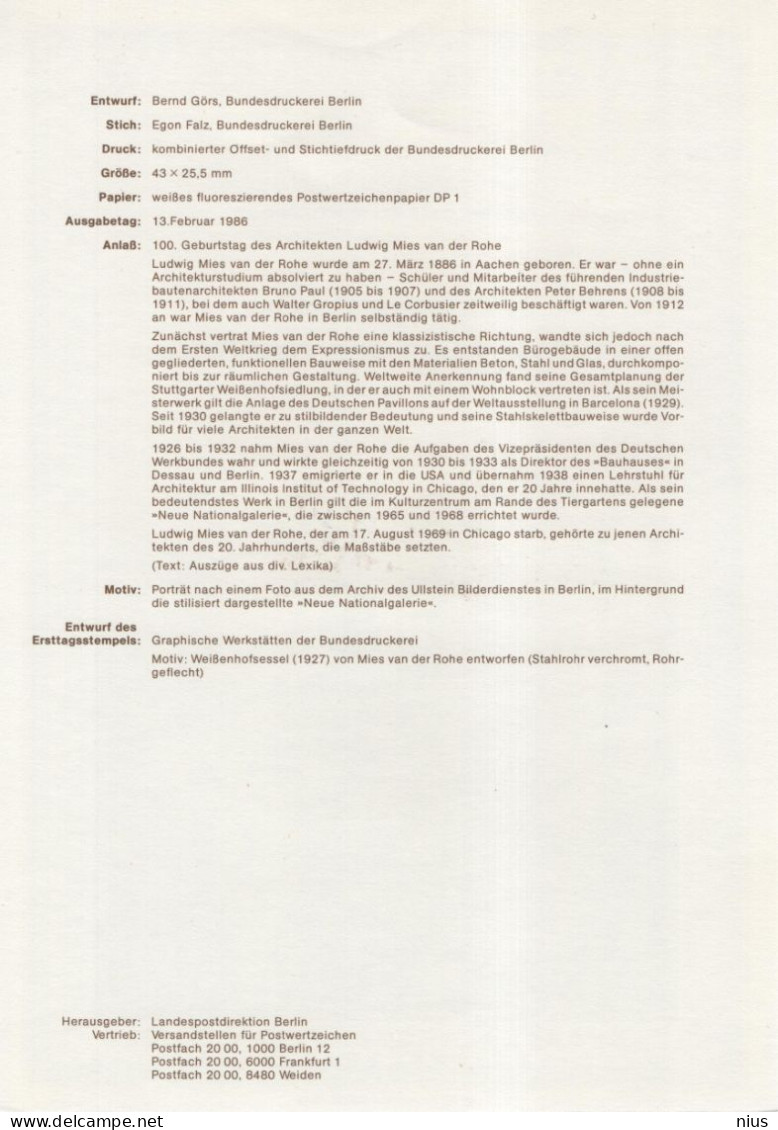 Germany Deutschland 1986-3 Ludwig Mies Van Der Rohe, German-American Architect, Canceled In Berlin - 1981-1990