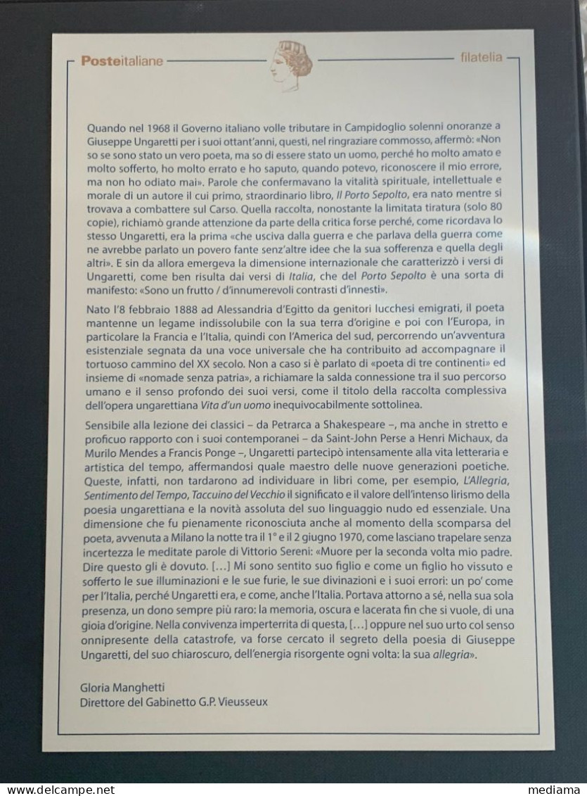 BOLLETTINO ILLUSTRATIVO EMISSIONE FRANCOBOLLO GIUSEPPE UNGARETTI ANNO 2020 - Correo Urgente/neumático